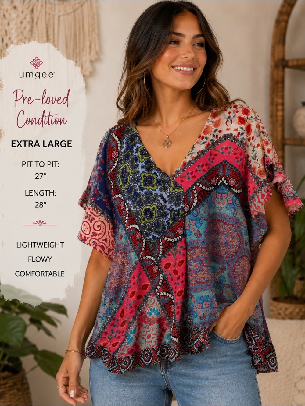 Umgee Multicolor Patchwork V-Neck Flutter Top - Pink, Blue, Cream
